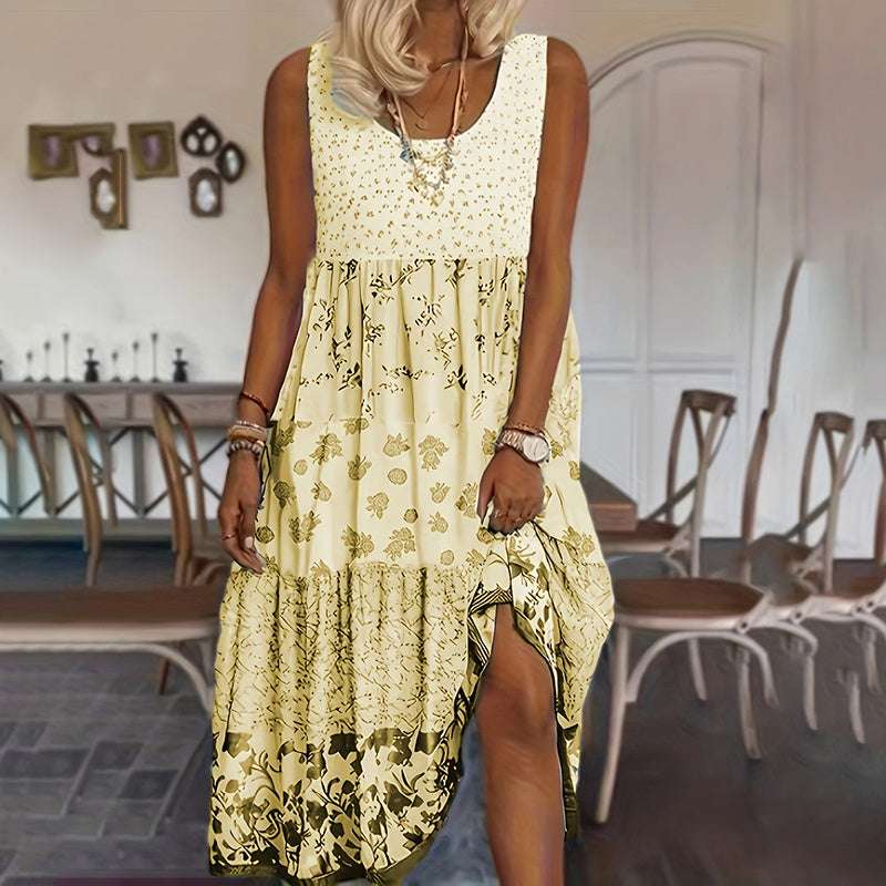 Women's Bohemian Floral Sleeveless Midi Dress Round Neck A-Line Summer Dress For Casual Or Dressy Occasions - watkins innovators