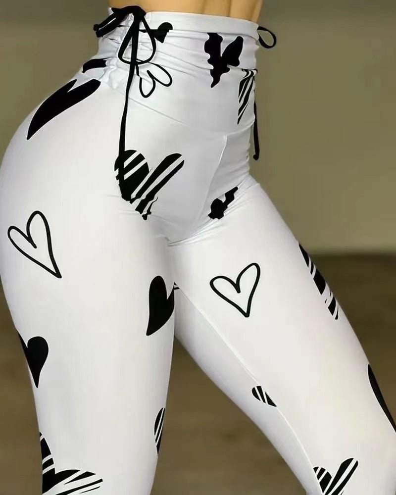 Drawstring Heart Print Yoga Sports Hip-hop Fitness Leggings - watkins innovators