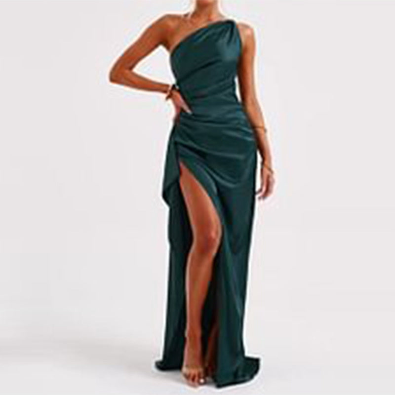 Sexy One-shoulder Backless Slit Dress Summer Elegant Slim-fit Solid Color Satin Dresses For Women - watkins innovators