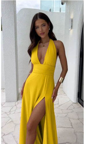 Sexy Halterneck V-neck Slit Dress Summer Backless Strappy Skirt Fashion Temperament Clothing Women - watkins innovators