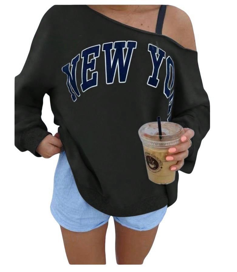 Women's Simple Letter Print Off-shoulder Long Sleeve Sweater - watkins innovators