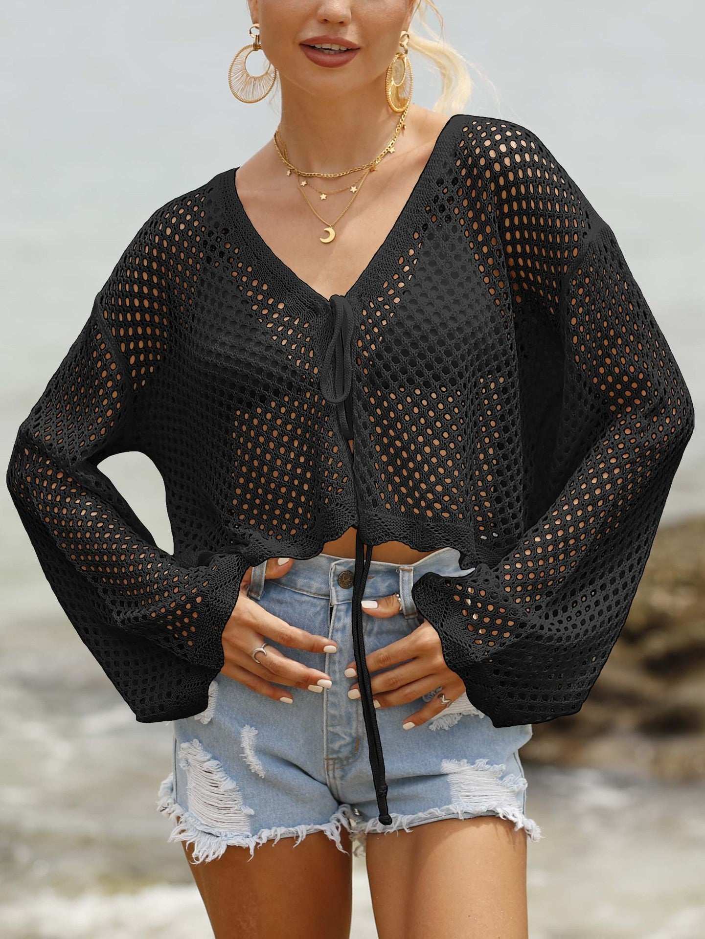 Women's Lace-up Cardigan Hollow-out Beach Sun Protection Long-sleeved Blouse - watkins innovators