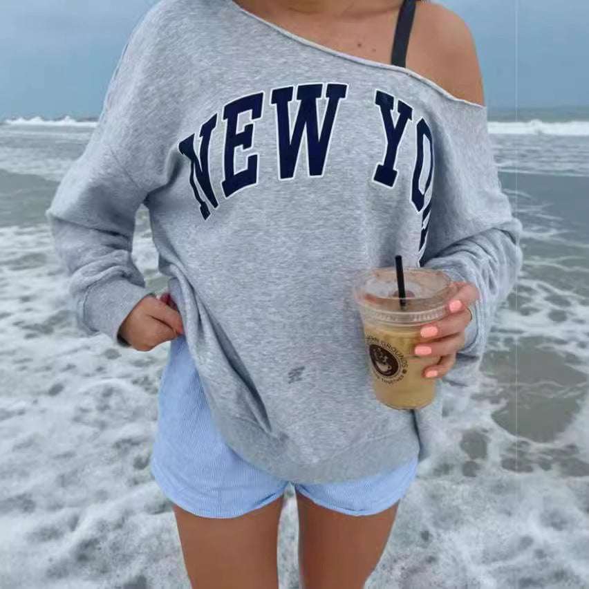 Women's Simple Letter Print Off-shoulder Long Sleeve Sweater - watkins innovators