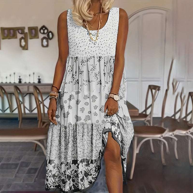 Women's Bohemian Floral Sleeveless Midi Dress Round Neck A-Line Summer Dress For Casual Or Dressy Occasions - watkins innovators