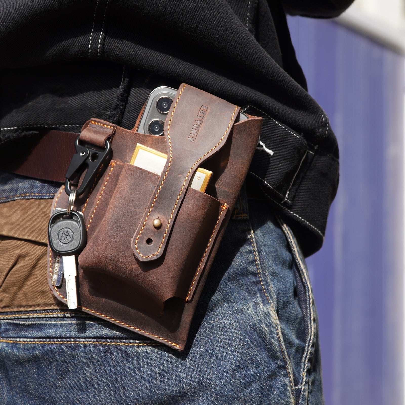 Men's Dual Mobile Phone Bag Hanging Waist   Outdoor Construction Site Leather Belt Cover - watkins innovators