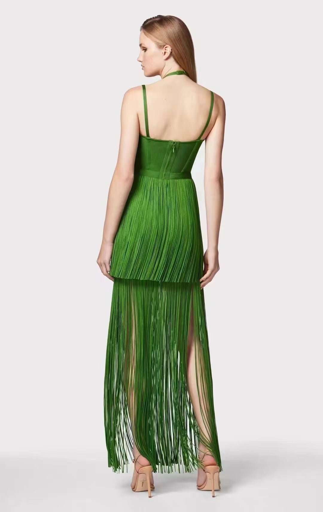 Green Halter Spaghetti Straps Tassel Dinner Ball Dress - watkins innovators