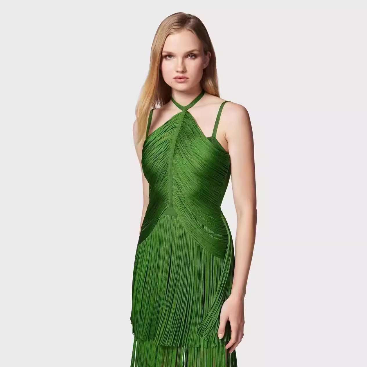 Green Halter Spaghetti Straps Tassel Dinner Ball Dress - watkins innovators