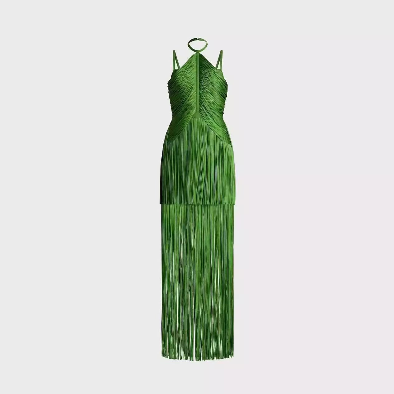 Green Halter Spaghetti Straps Tassel Dinner Ball Dress - watkins innovators
