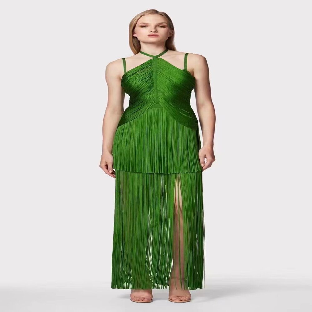 Green Halter Spaghetti Straps Tassel Dinner Ball Dress - watkins innovators
