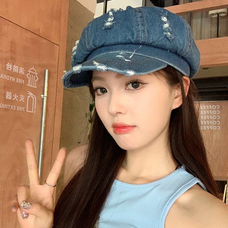 Retro Make Old Ripped Denim Beret Women - watkins innovators