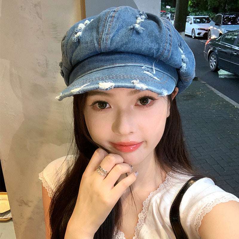Retro Make Old Ripped Denim Beret Women - watkins innovators