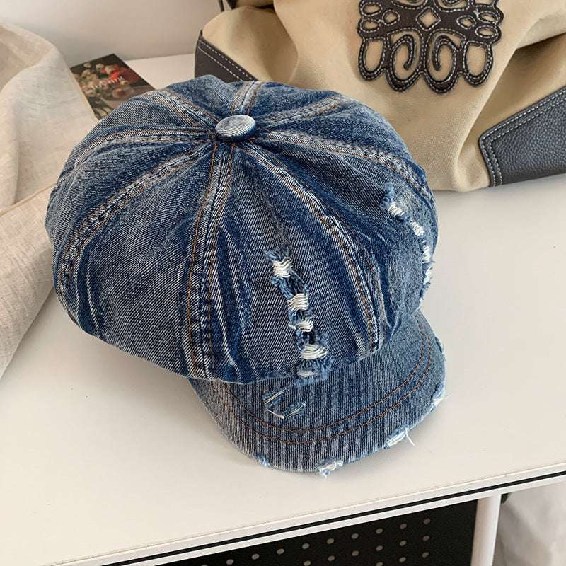 Retro Make Old Ripped Denim Beret Women - watkins innovators