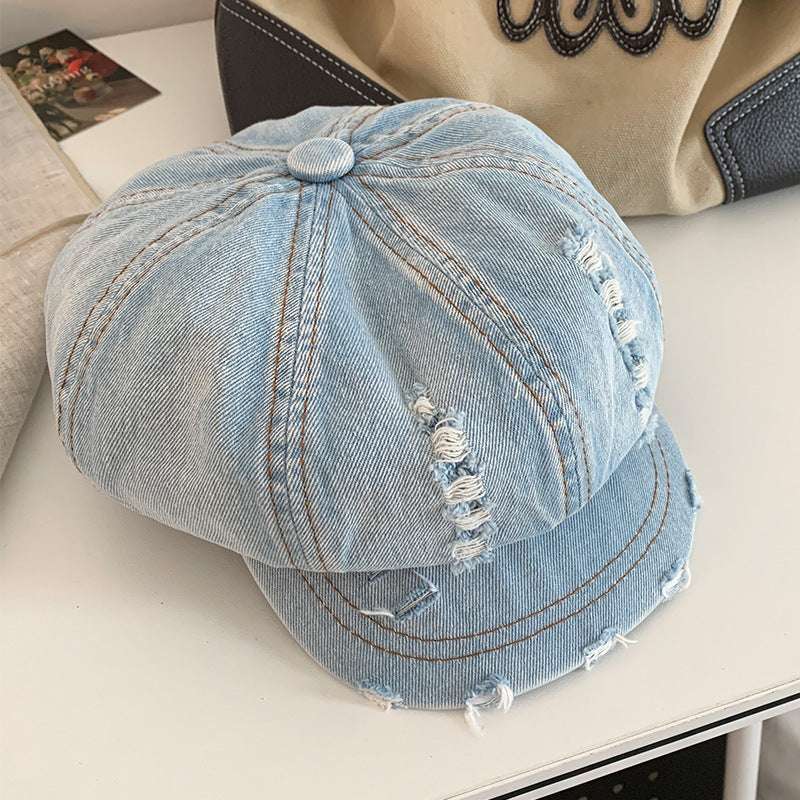 Retro Make Old Ripped Denim Beret Women - watkins innovators