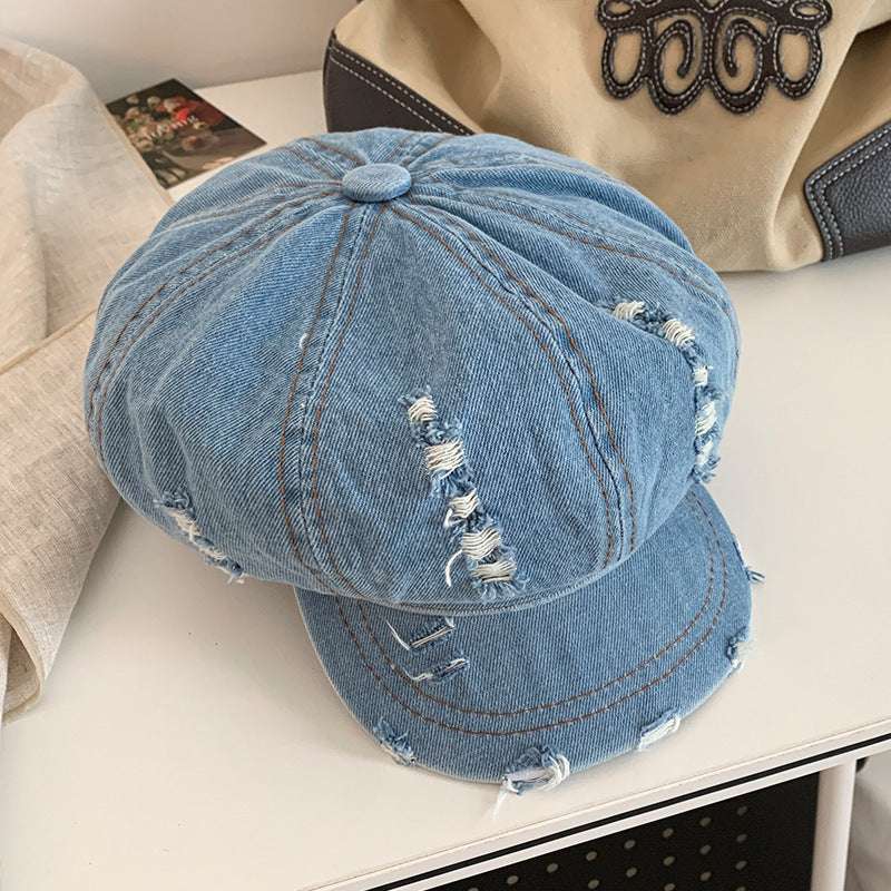 Retro Make Old Ripped Denim Beret Women - watkins innovators