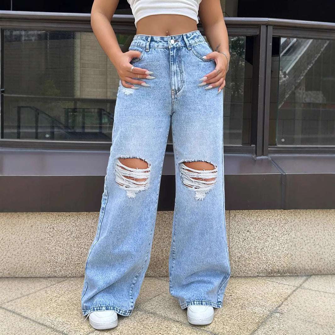 Ripped Washed Jeans Loose Straight Wide Leg - watkins innovators