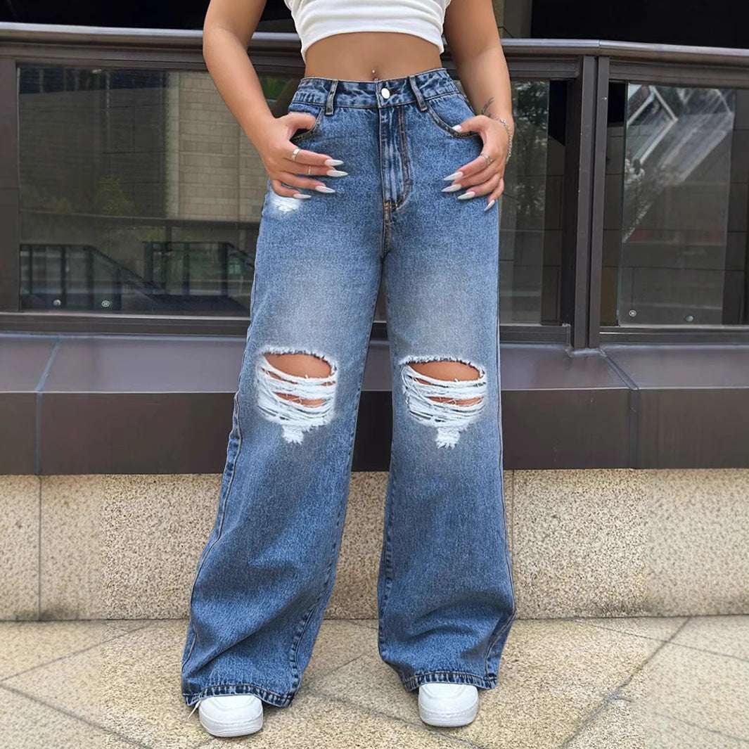 Ripped Washed Jeans Loose Straight Wide Leg - watkins innovators