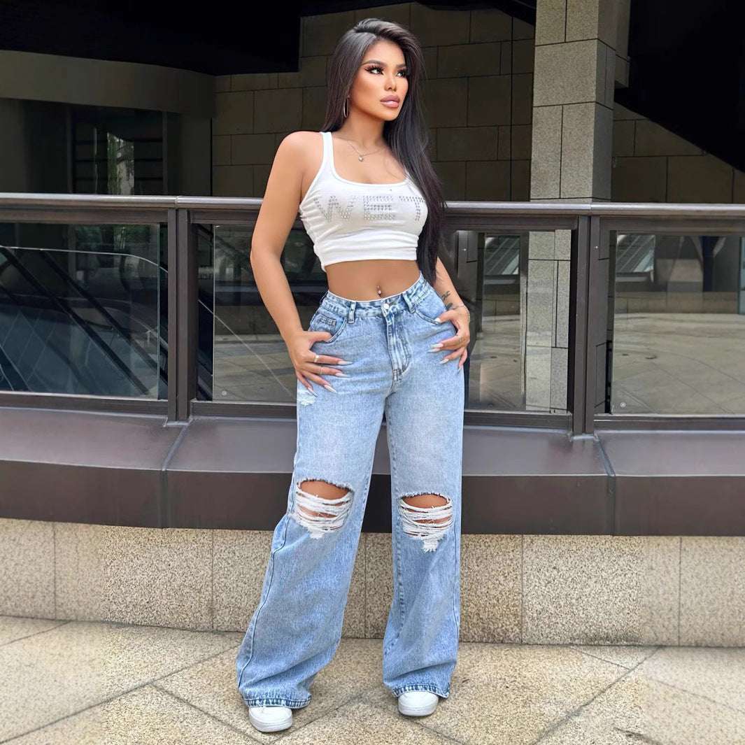Ripped Washed Jeans Loose Straight Wide Leg - watkins innovators