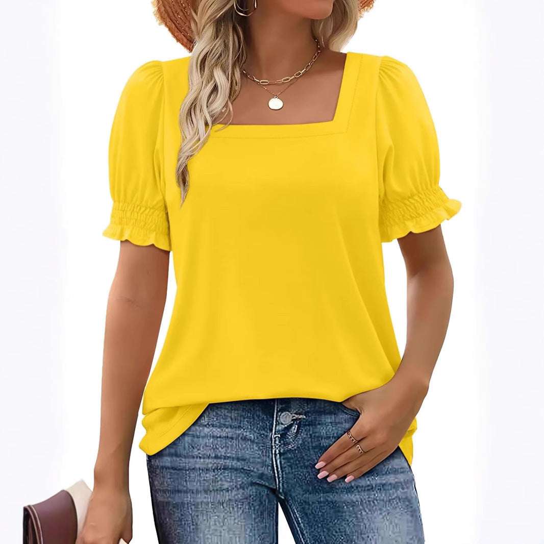 Spring And Summer New Fashion Simple U - neck Petal Sleeve Loose T-shirt - watkins innovators