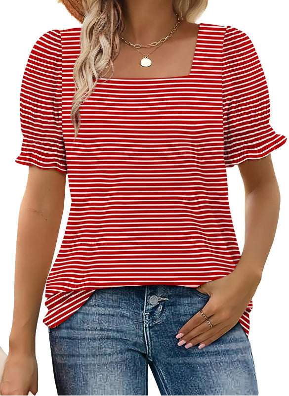 Spring And Summer New Fashion Simple U - neck Petal Sleeve Loose T-shirt - watkins innovators