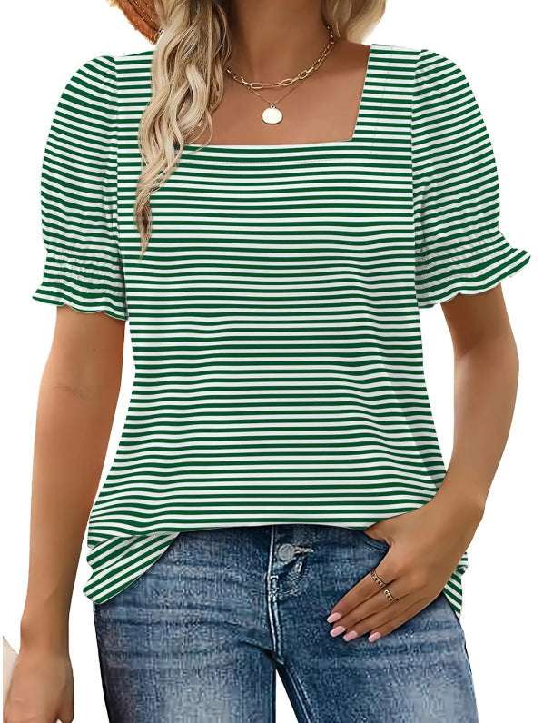 Spring And Summer New Fashion Simple U - neck Petal Sleeve Loose T-shirt - watkins innovators