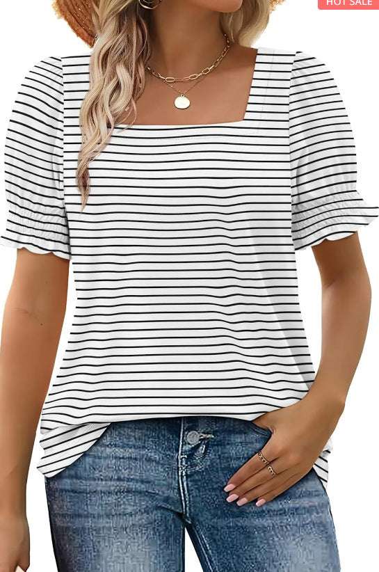 Spring And Summer New Fashion Simple U - neck Petal Sleeve Loose T-shirt - watkins innovators