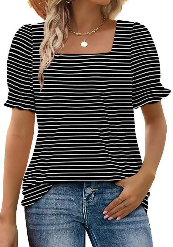 Spring And Summer New Fashion Simple U - neck Petal Sleeve Loose T-shirt - watkins innovators