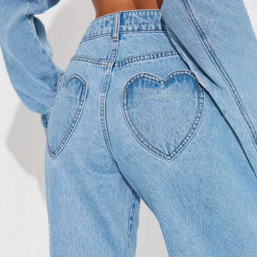 Straight Slimming Trousers Love Pocket High Waist Loose Jeans - watkins innovators