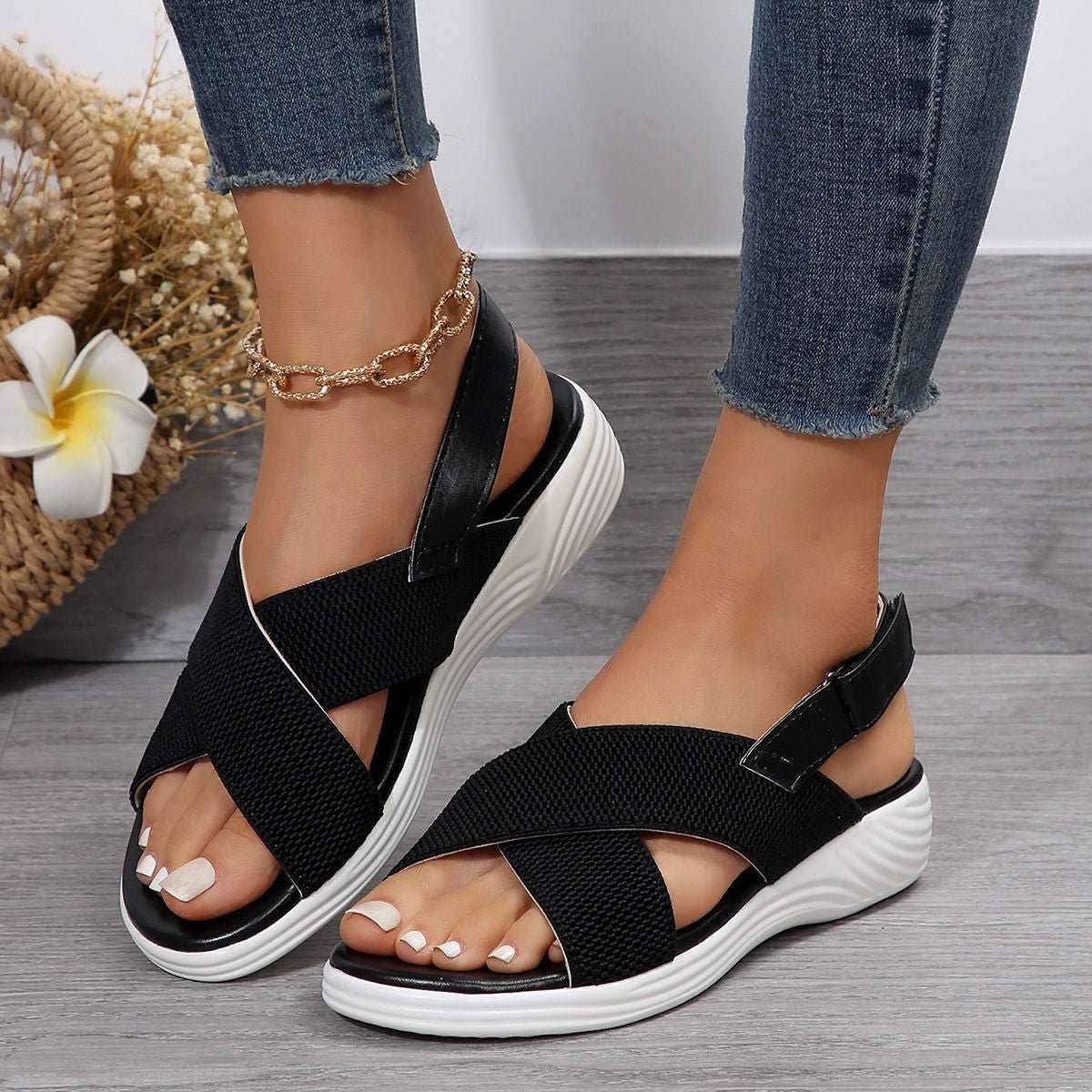 Strap Peep Toe Wedge Fly Woven Mesh Casual Sandals - watkins innovators