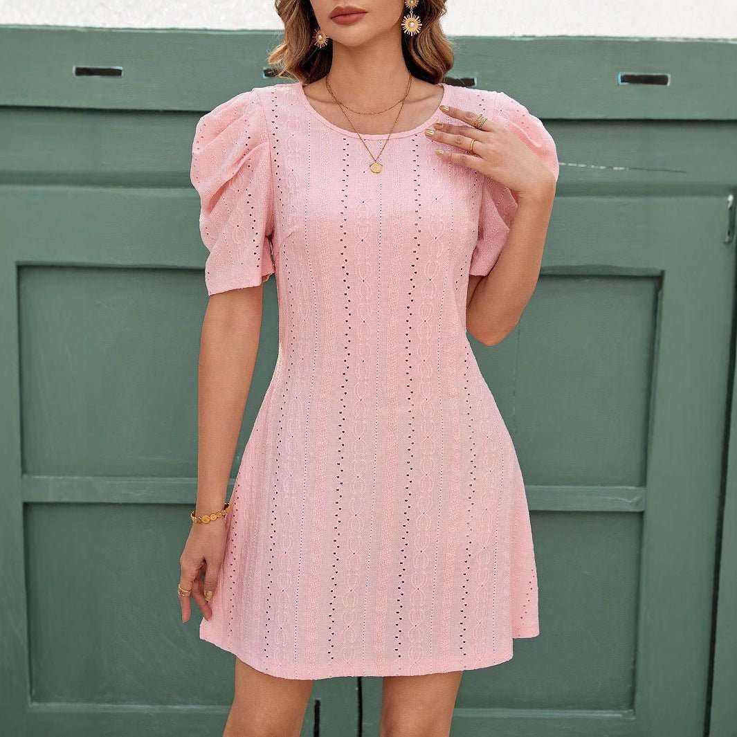 Summer Solid Color Stitching Cuff Round Neck Simple And Elegant Female Dress - watkins innovators