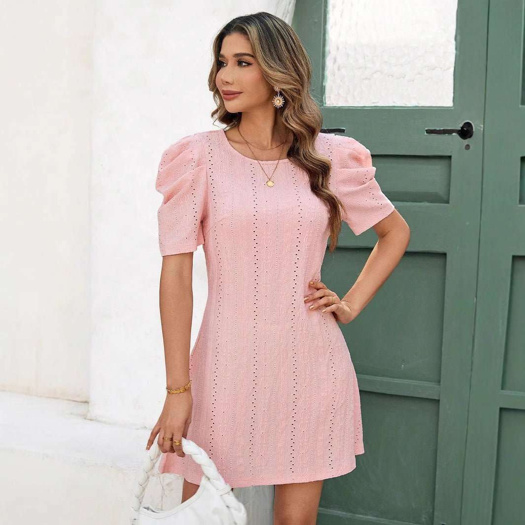 Summer Solid Color Stitching Cuff Round Neck Simple And Elegant Female Dress - watkins innovators