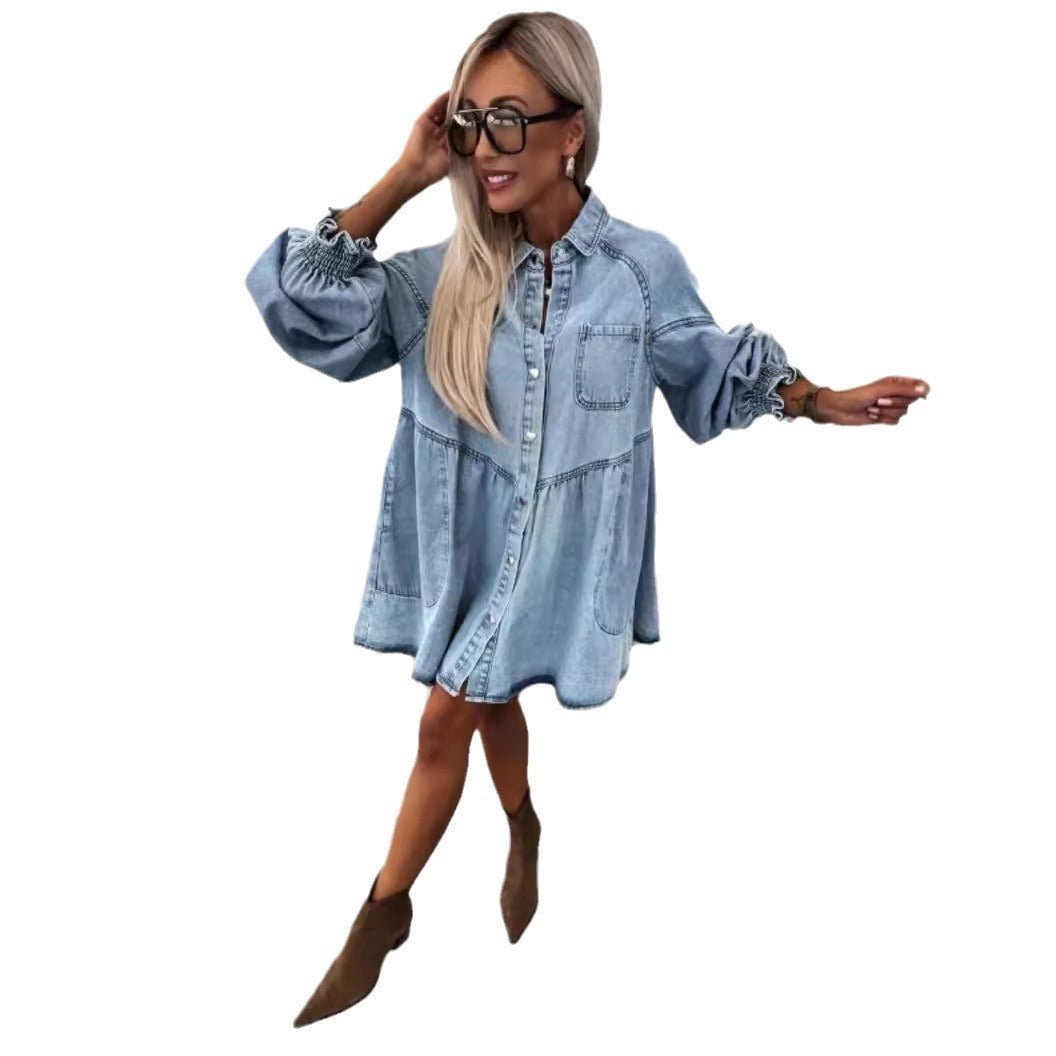 Women's New Spring And Summer Shirt Button Denim Long Sleeve Dress - watkins innovators