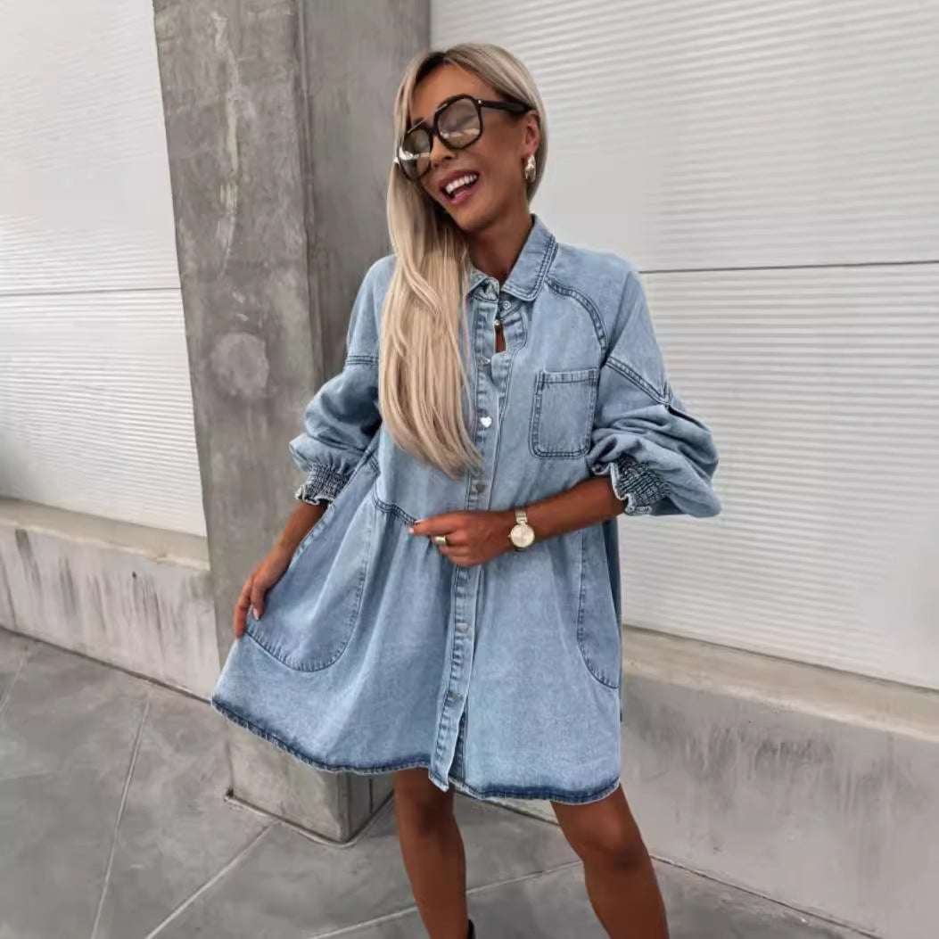 Women's New Spring And Summer Shirt Button Denim Long Sleeve Dress - watkins innovators