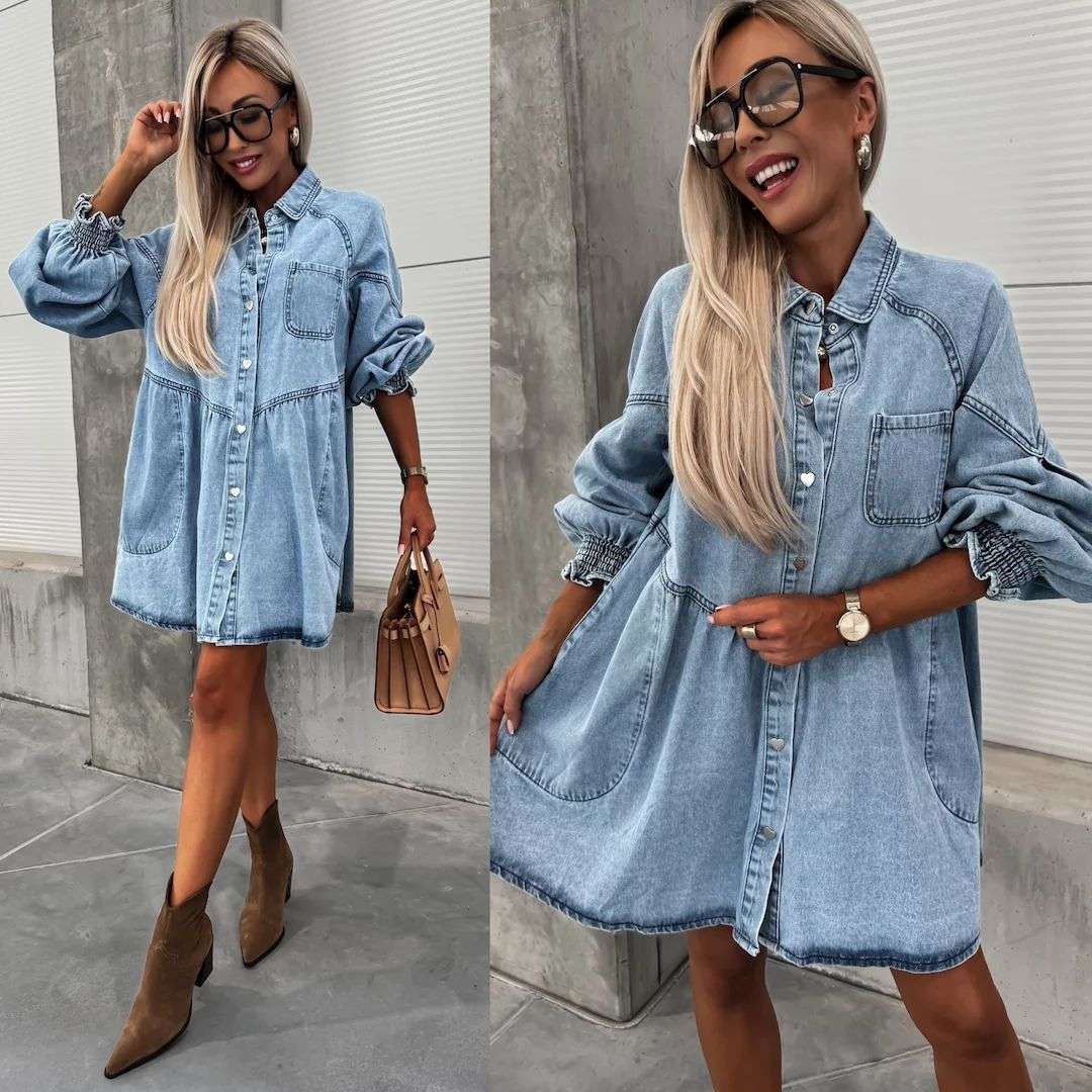 Women's New Spring And Summer Shirt Button Denim Long Sleeve Dress - watkins innovators