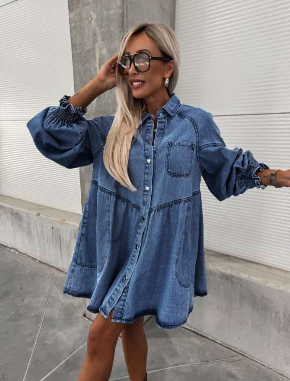 Women's New Spring And Summer Shirt Button Denim Long Sleeve Dress - watkins innovators
