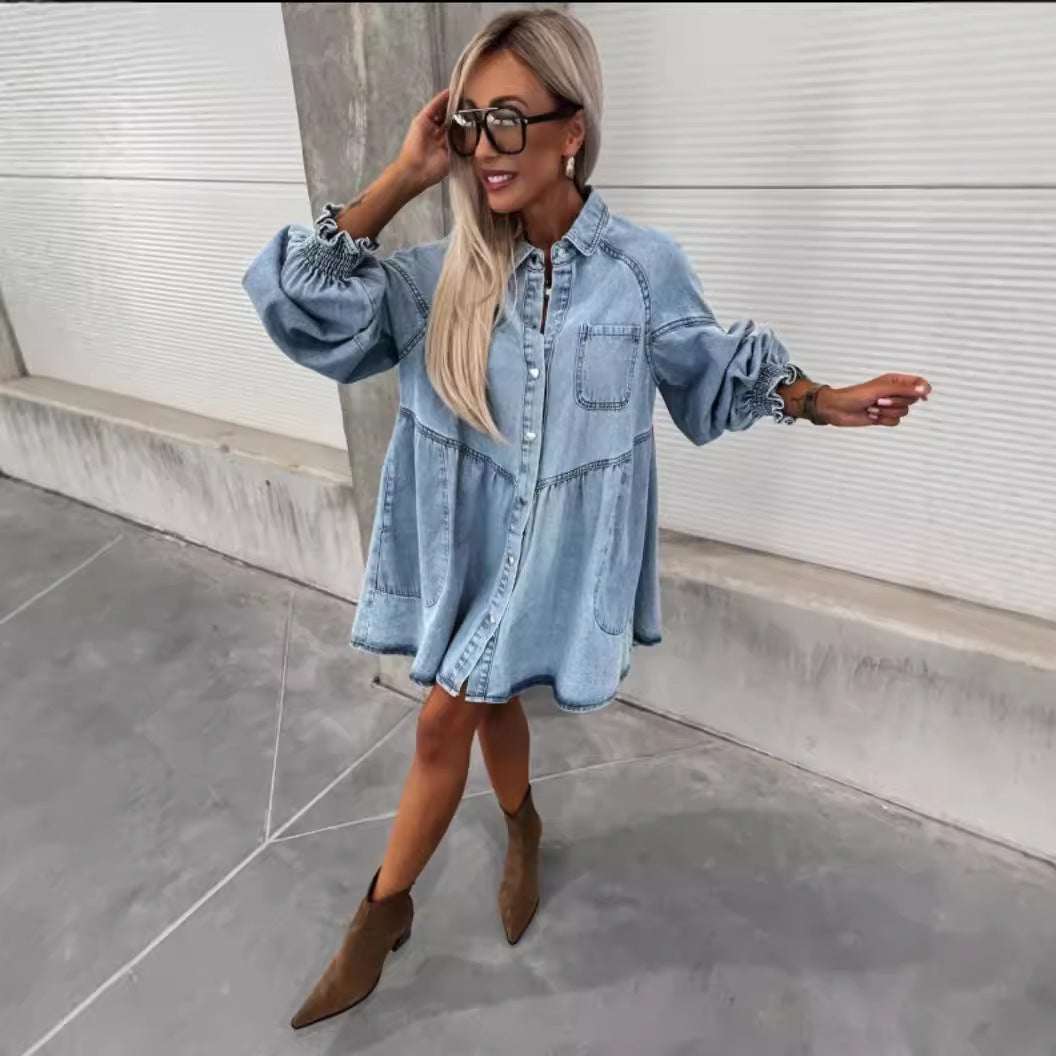 Women's New Spring And Summer Shirt Button Denim Long Sleeve Dress - watkins innovators
