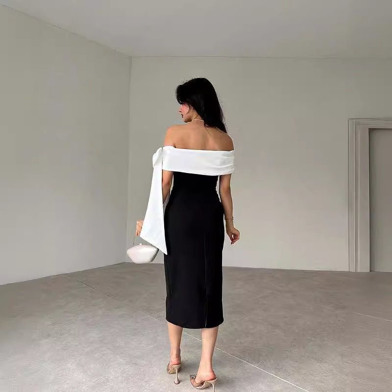 Women's Off-shoulder Bow Black And White Color Matching Elegant Cocktail Dress - watkins innovators