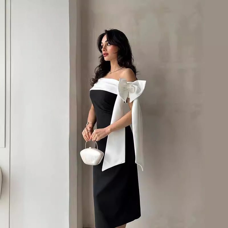 Women's Off-shoulder Bow Black And White Color Matching Elegant Cocktail Dress - watkins innovators