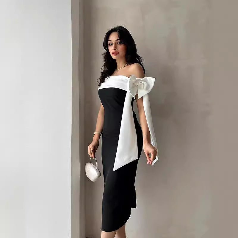 Women's Off-shoulder Bow Black And White Color Matching Elegant Cocktail Dress - watkins innovators