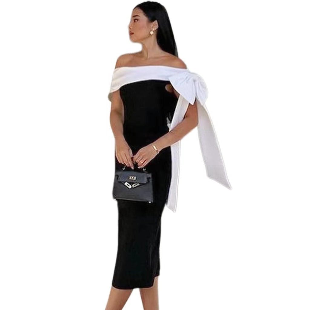 Women's Off-shoulder Bow Black And White Color Matching Elegant Cocktail Dress - watkins innovators