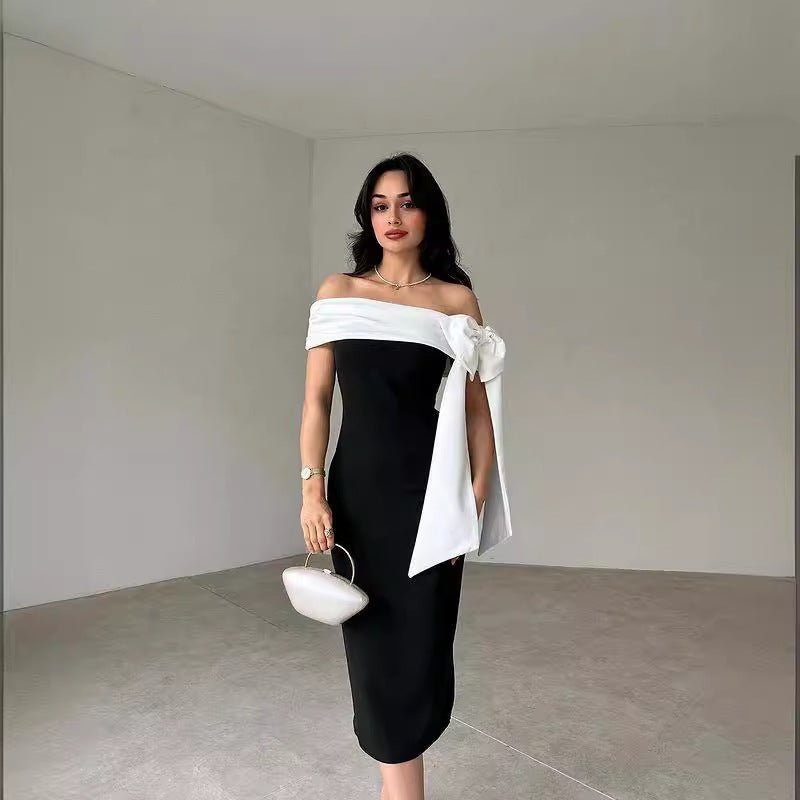 Women's Off-shoulder Bow Black And White Color Matching Elegant Cocktail Dress - watkins innovators