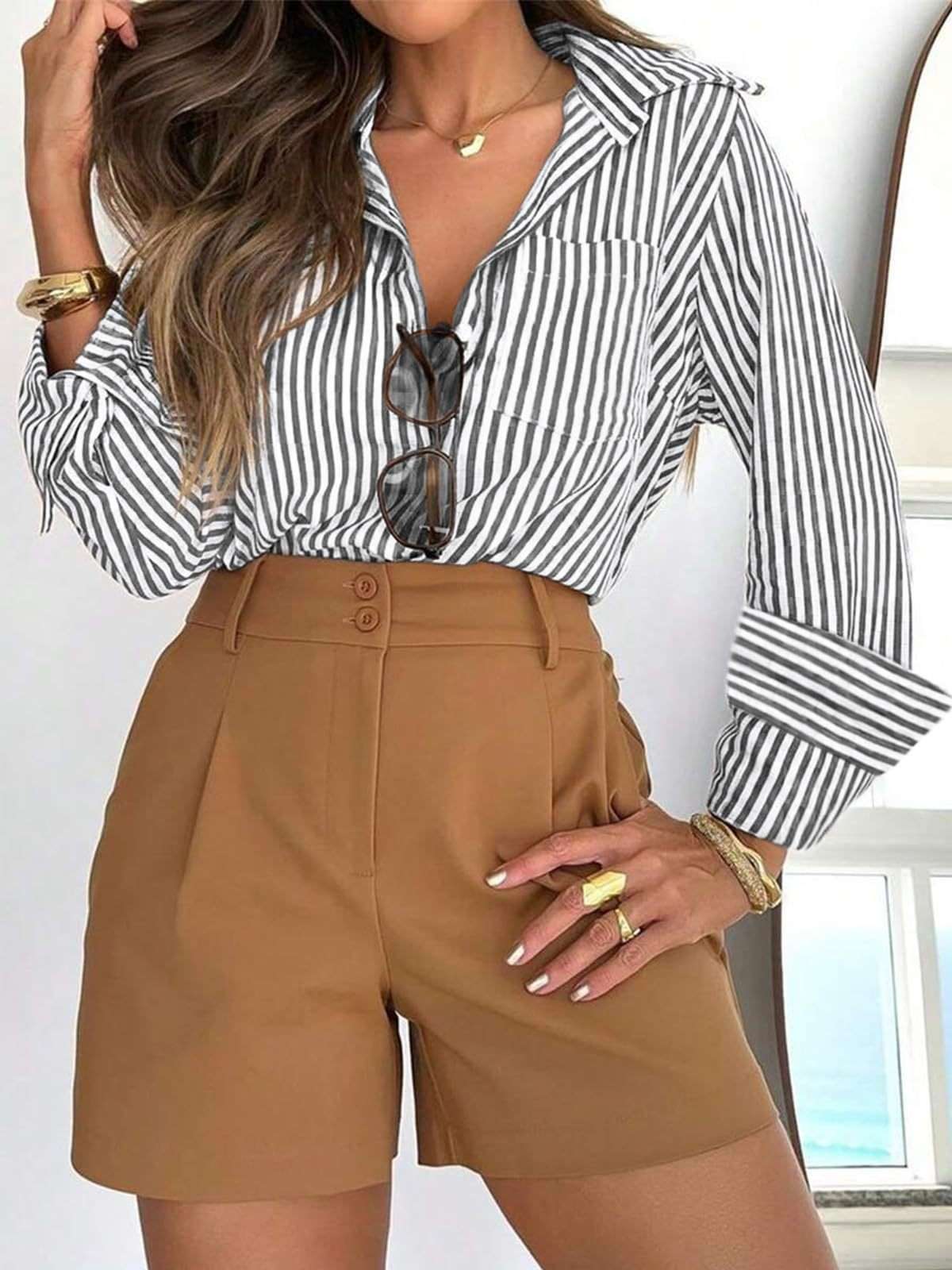 Women's Striped Button Shirt Dress Shirt - watkins innovators