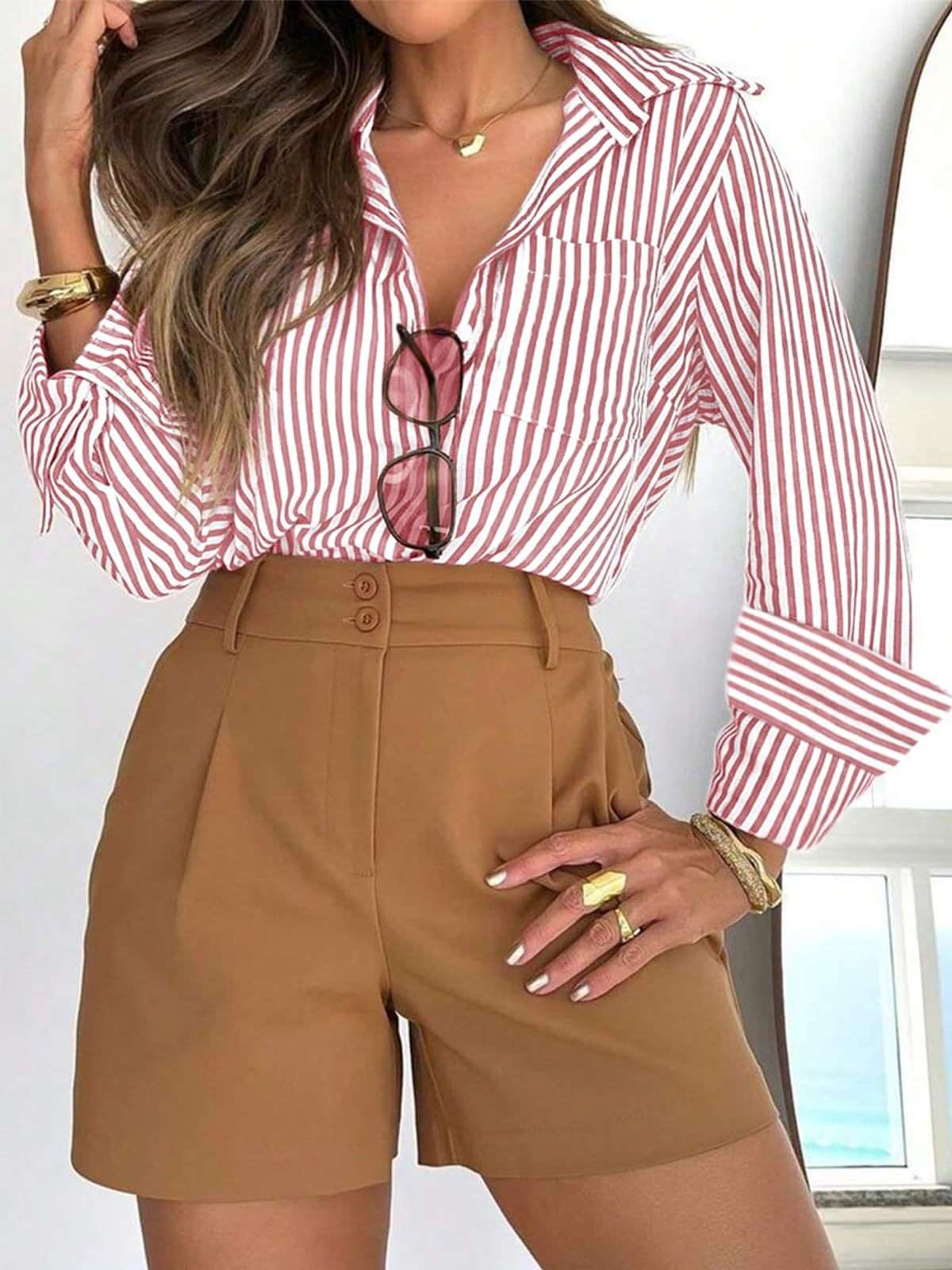 Women's Striped Button Shirt Dress Shirt - watkins innovators